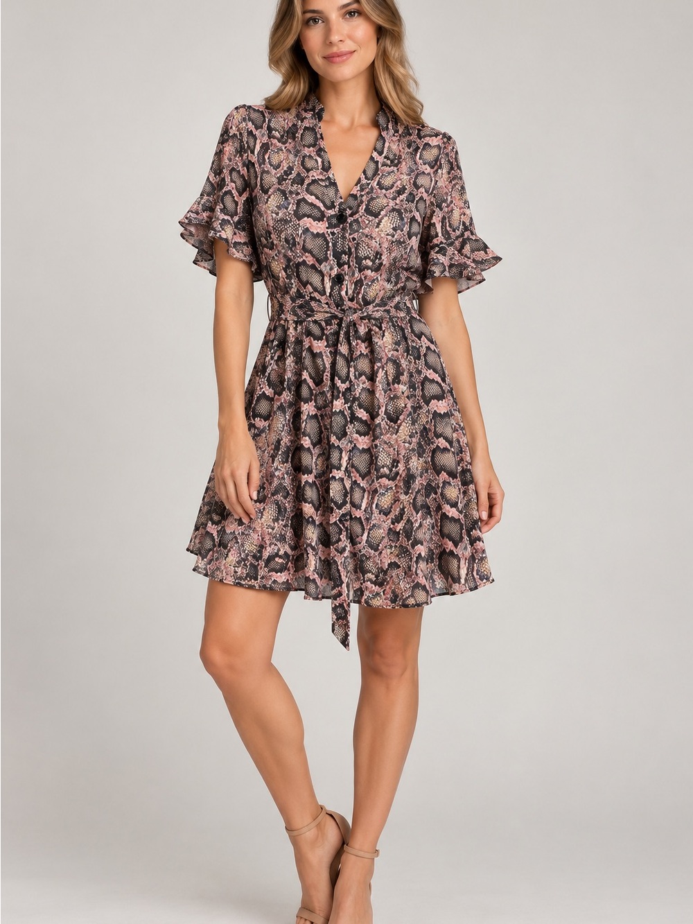 All Saints Pink and Black Snake-Print Tie-Waist Mini Dress UK4